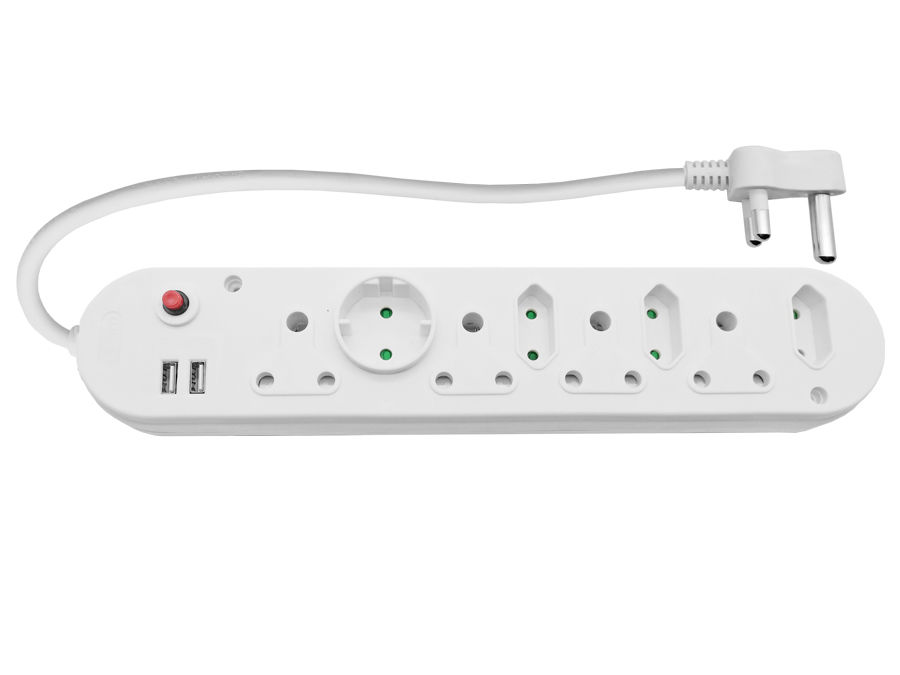 Multi Plug 4x16A 4x5A 2xUSB 0.5m Cord White